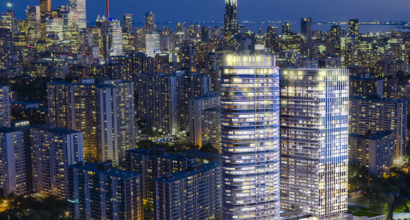 Aerial view of Via Bloor Condos overlooking Downtown Toronto