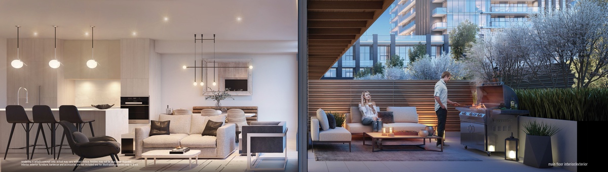cross section view of a living room and terrace at ultrasonic condos