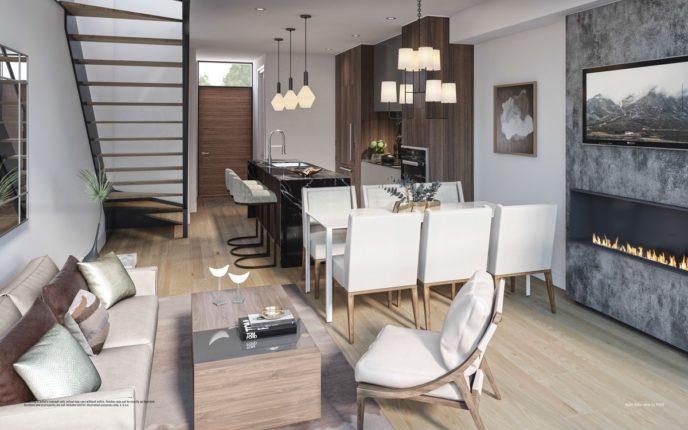 living room and kitchen with modern staircase at ultrasonic condos