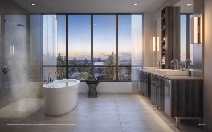 bathroom at ultrasonic condos overlooking trees