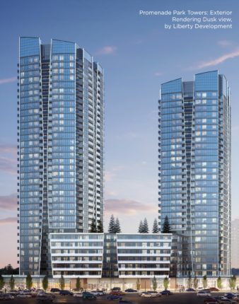 Promenade Park Towers Condos Exterior View at Dusk